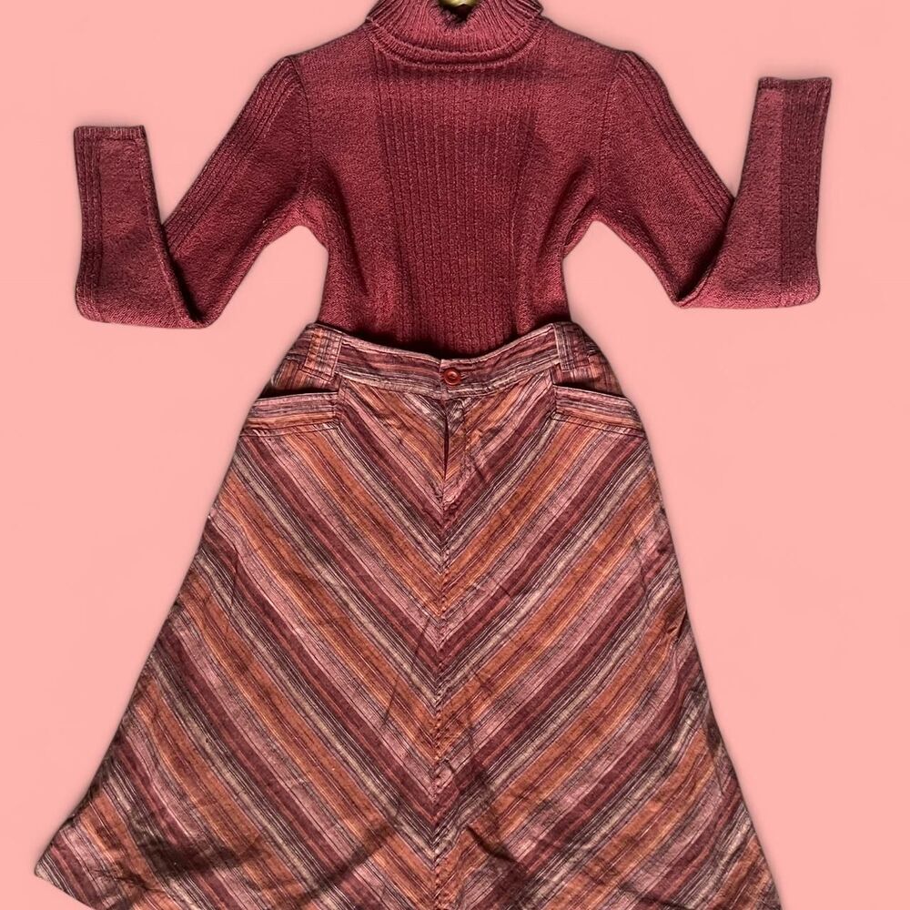 00’s Vintage Chevron Striped Mini Skirt W/Front Pockets & Buttons XS-S